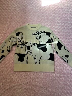 Crewneck Cow-Print Sweater in Cream and Black - Women's Sweater